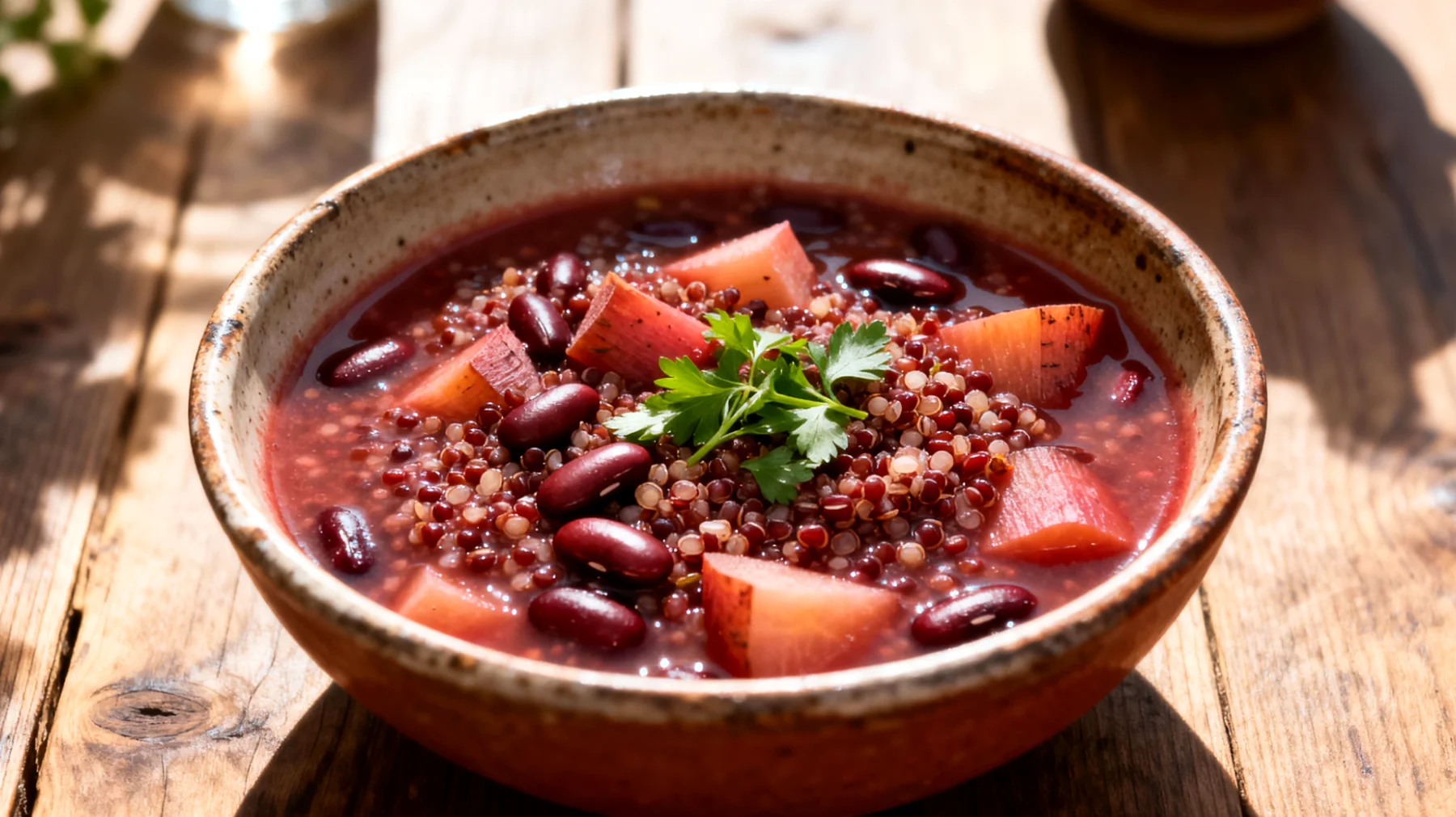 Soupe de quinoa rouge aux haricots azuki et légumes racines"