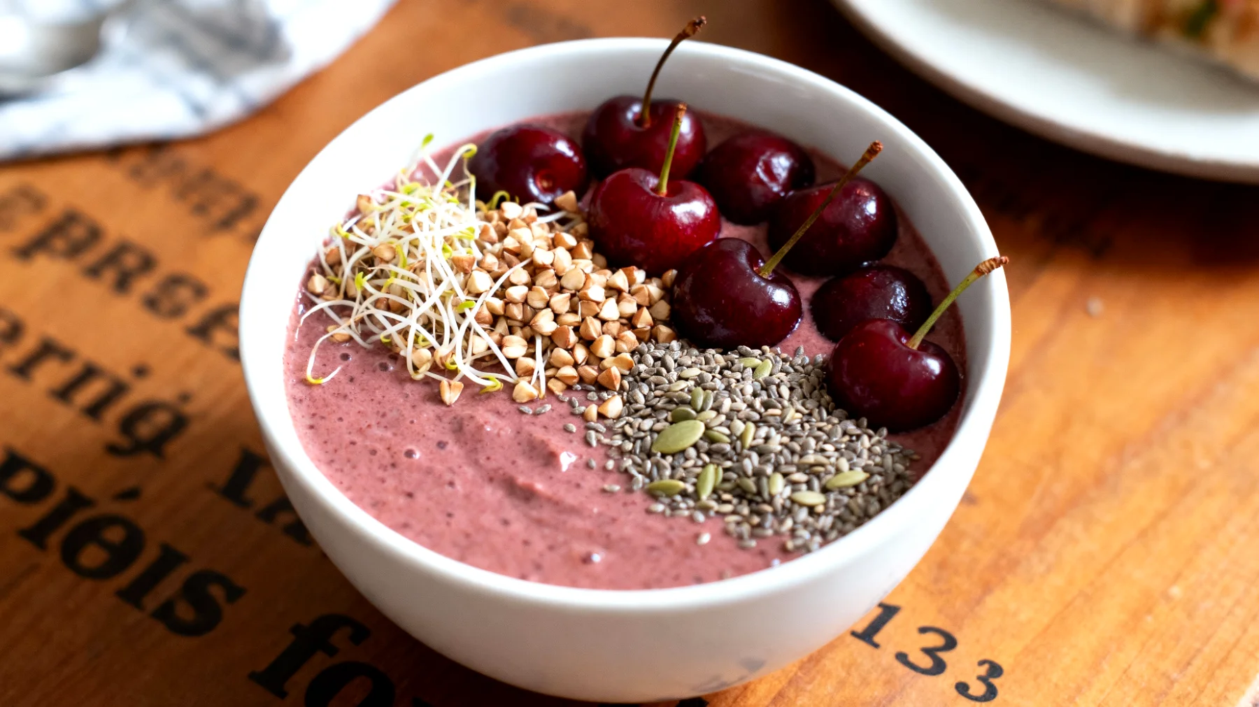 Smoothie bowl au sarrasin germé, cerises acidulées et graines de chanvre"